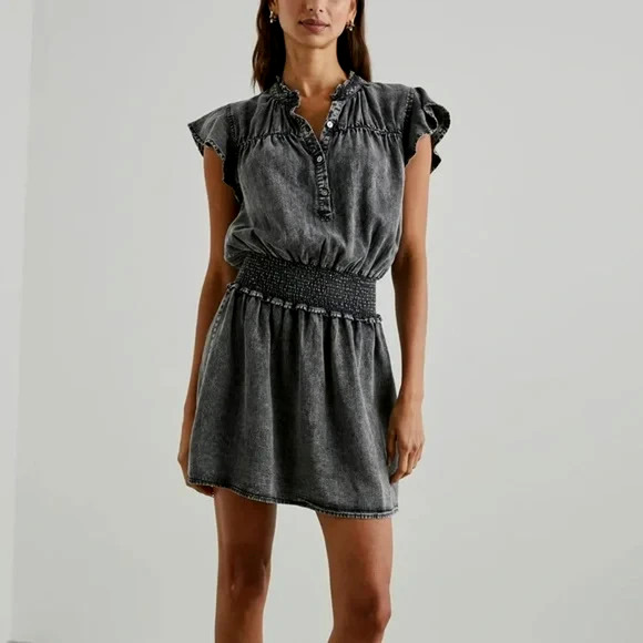 Rails Amina Mini Dress Size XS Black Acid Wash Tencel Denim Smocked Waist Boho - Picture 1 of 12